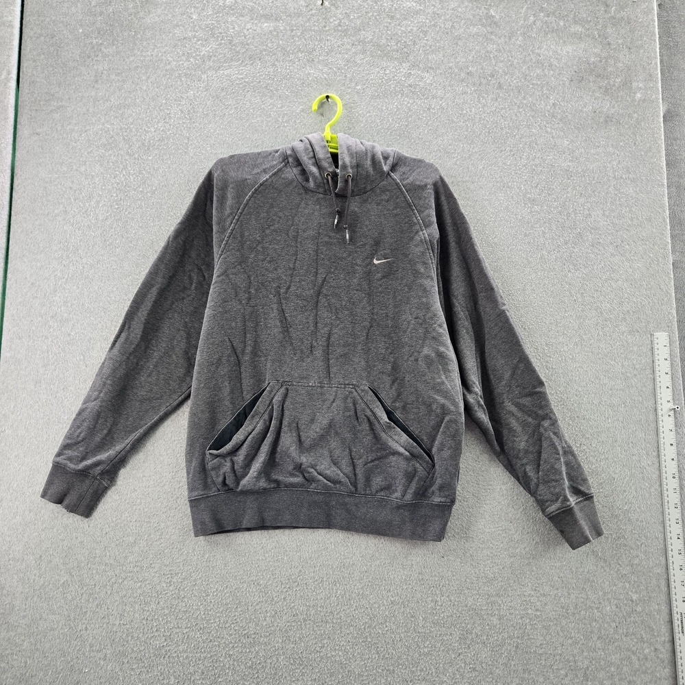 VINTAGE Nike Men Hoodie M Gray Y2K Logo Mini Swoosh Long Sleeve READ